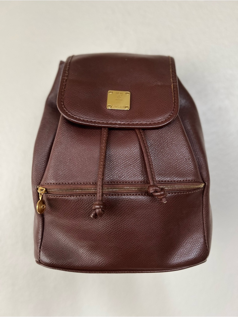 Rare Vintage MCM Brown Leather Drawstring Mini Backpack